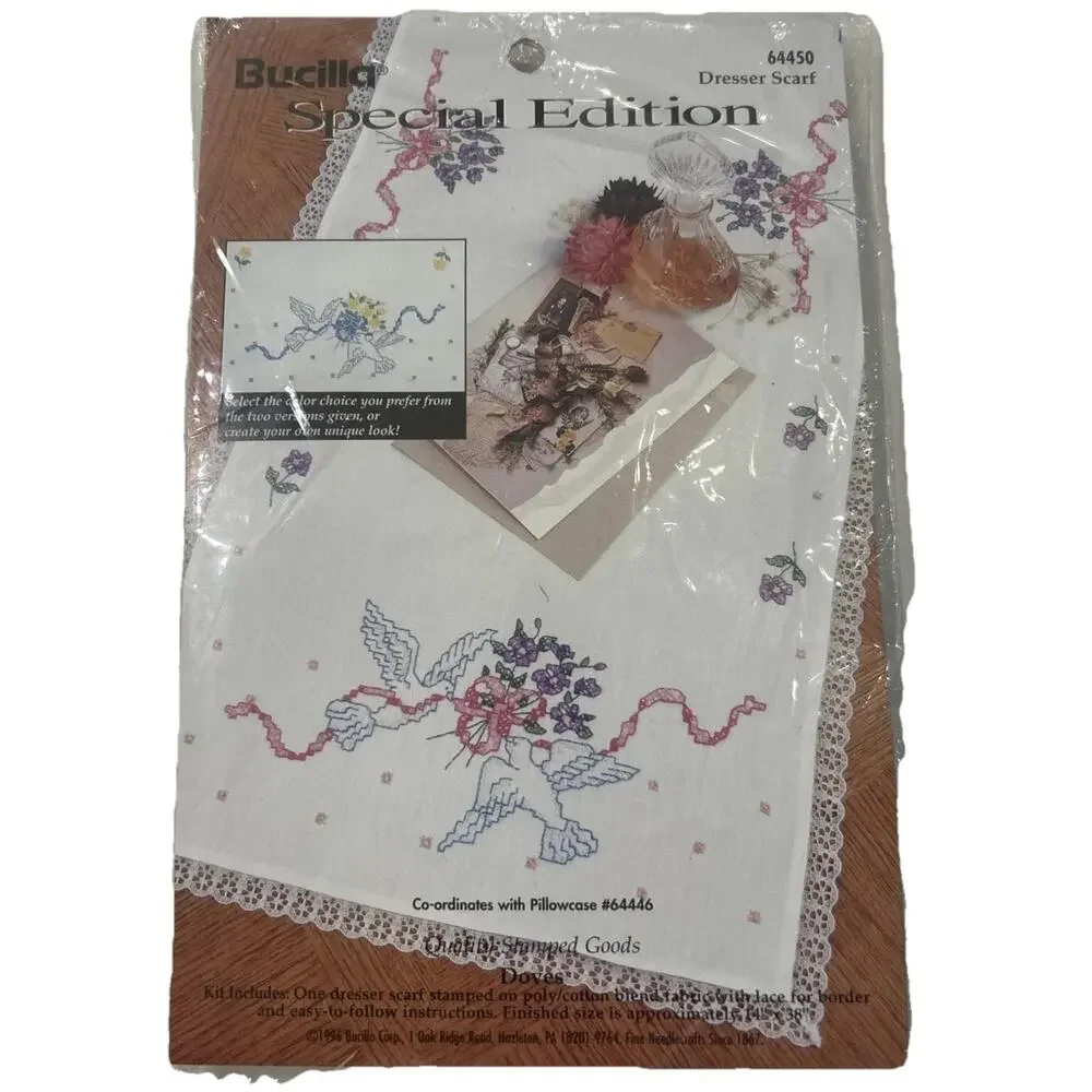 Vtg Bucilla Stamped Cross stitch Kit 64450 Dresser Scarf Doily Runner Doves‎ NWT